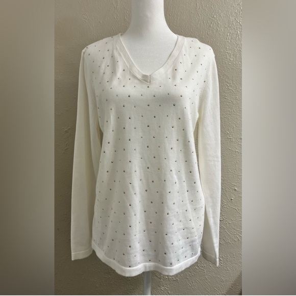 TOMMY HILFIGER White V-Neck Sweater with Stud Accents - Picture 6 of 6